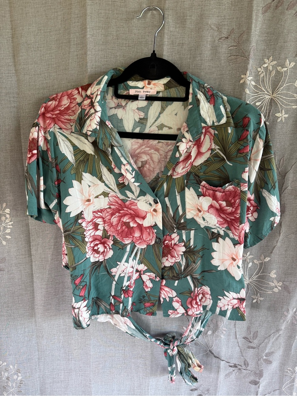 Floral Tie-Front Button Down Shirt in Teal and Pink